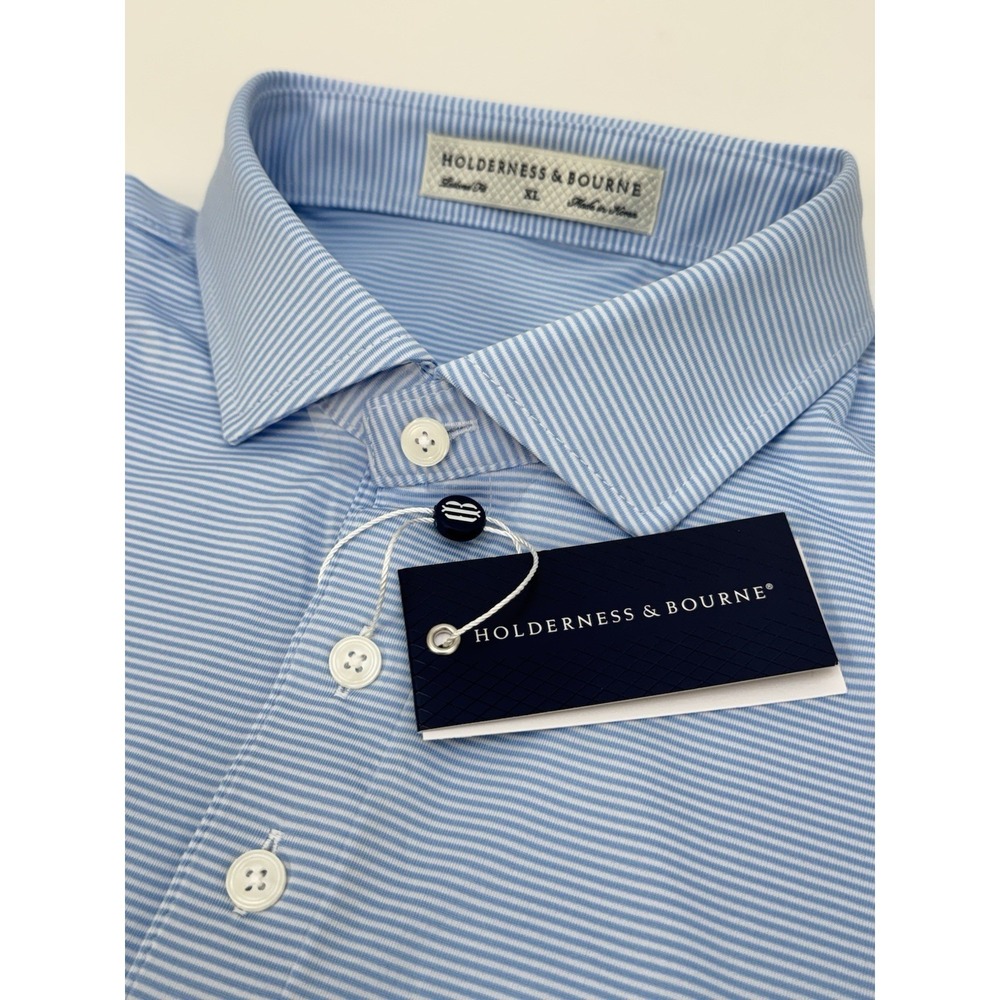 NWT Holderness & Bourne The Perkins Lt Blue Striped Golf Polo Shirt Mens XL $118
